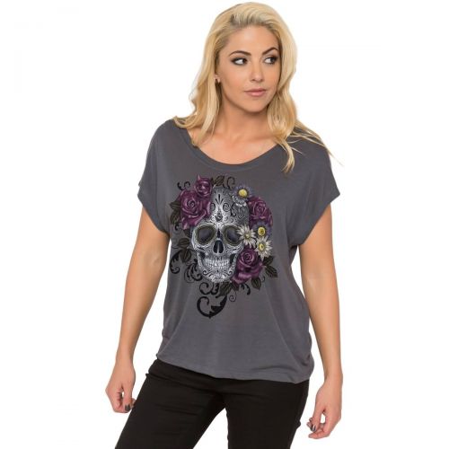 Metal Mulisha Rose Skull Women's Short-Sleeve Shirts, color: Charcoal, category/department: women-tees-shortsleeve