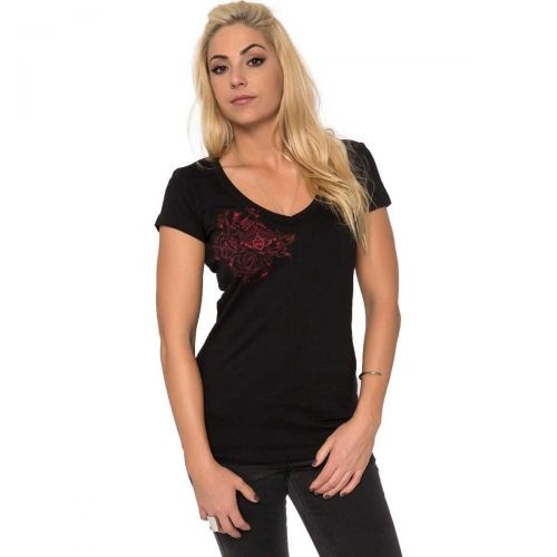 Metal Mulisha Dani G Clinging V-Neck Women's Short-Sleeve Shirts, color: Jet Black | Pink, category/department: women-tees-shortsleeve