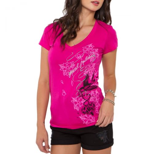 Metal Mulisha Dani G Cherry Blossom V-Neck Women's Short-Sleeve Shirts, color: Black | Hot Pink, category/department: women-tees-shortsleeve